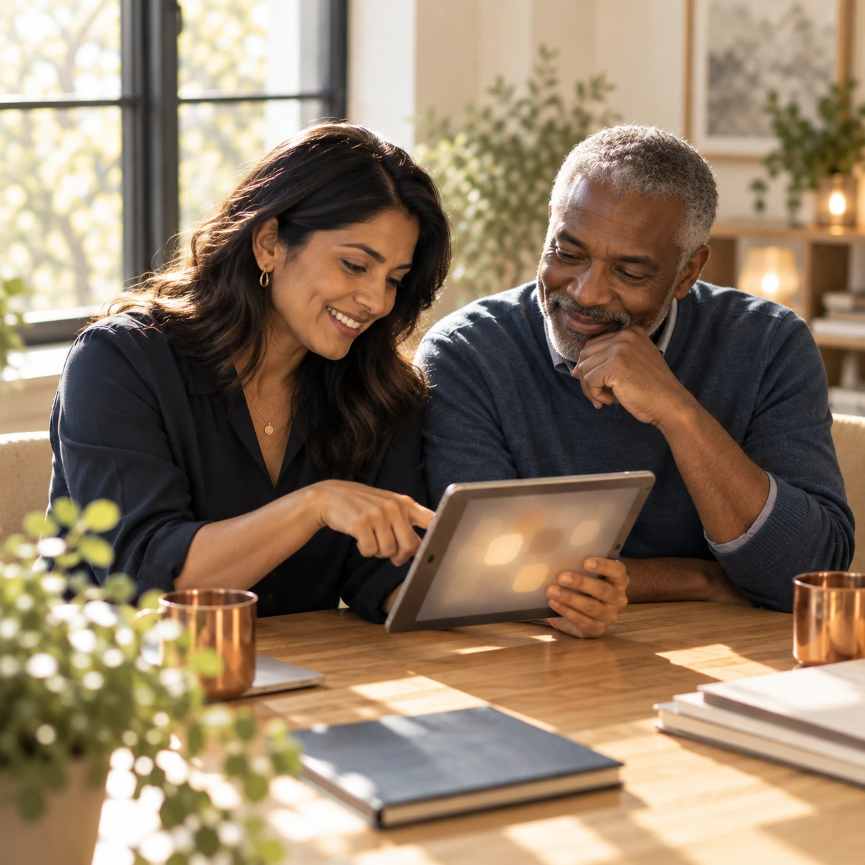 Two colleagues smile as they review a tablet together in a bright office.