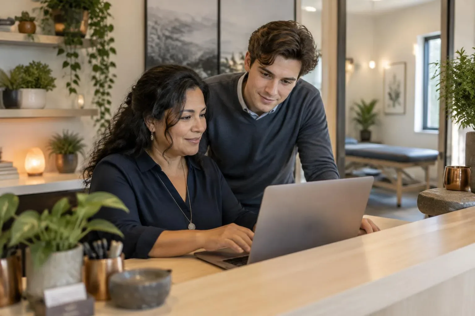 A clinic operations manager and front-desk coordinator reviewing an automated workflow on a laptop.