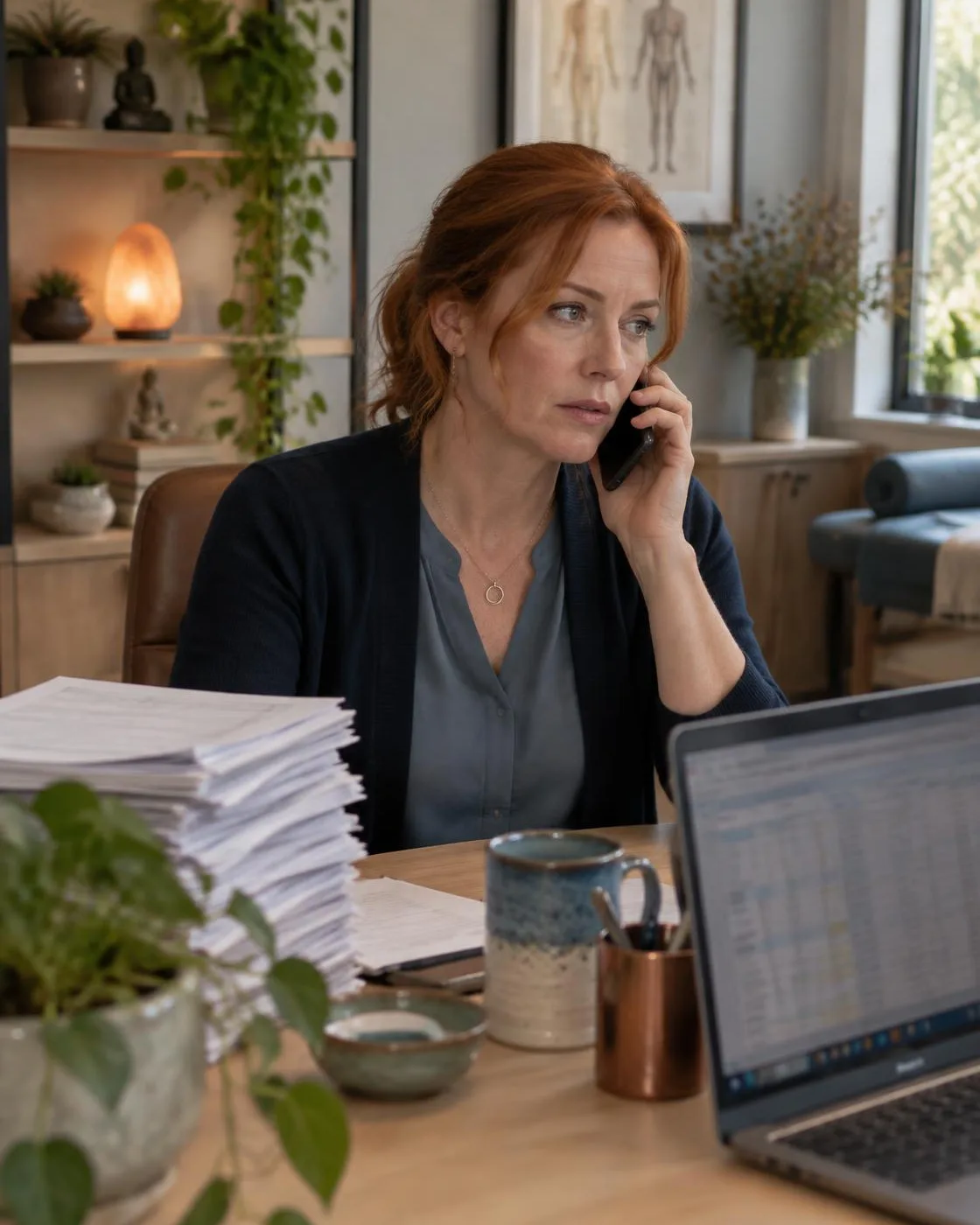 A practice manager juggling paper intake forms, a spreadsheet and a phone call.