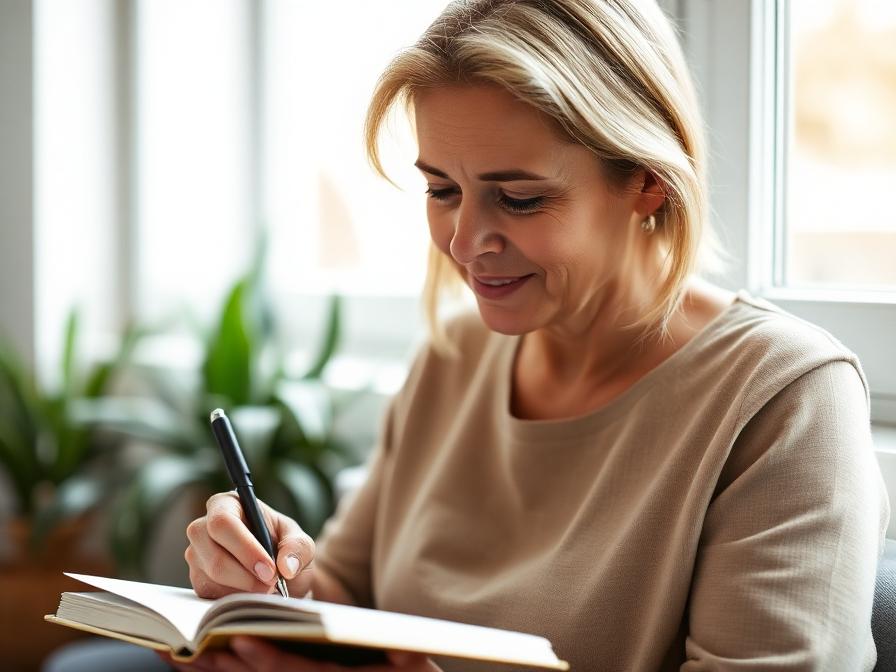 Founder writing thoughtfully in a notebook by a sunlit window