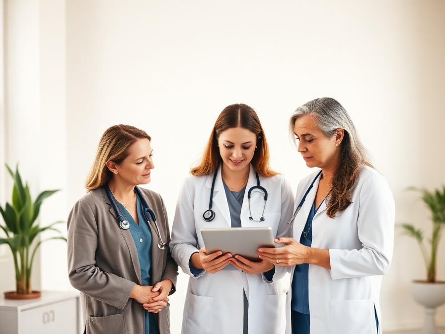 Healthcare team reviewing a tablet together in a bright clinic