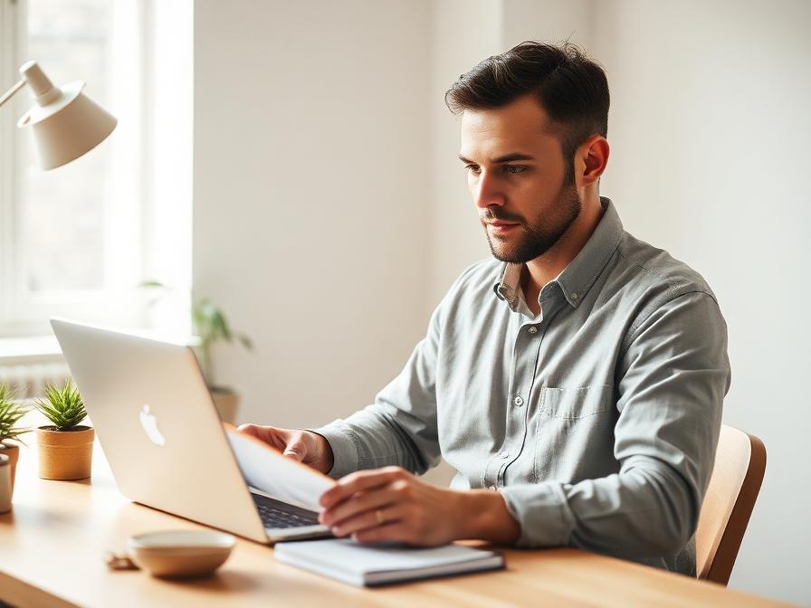 Founder reviewing notes at a calm, focused workspace