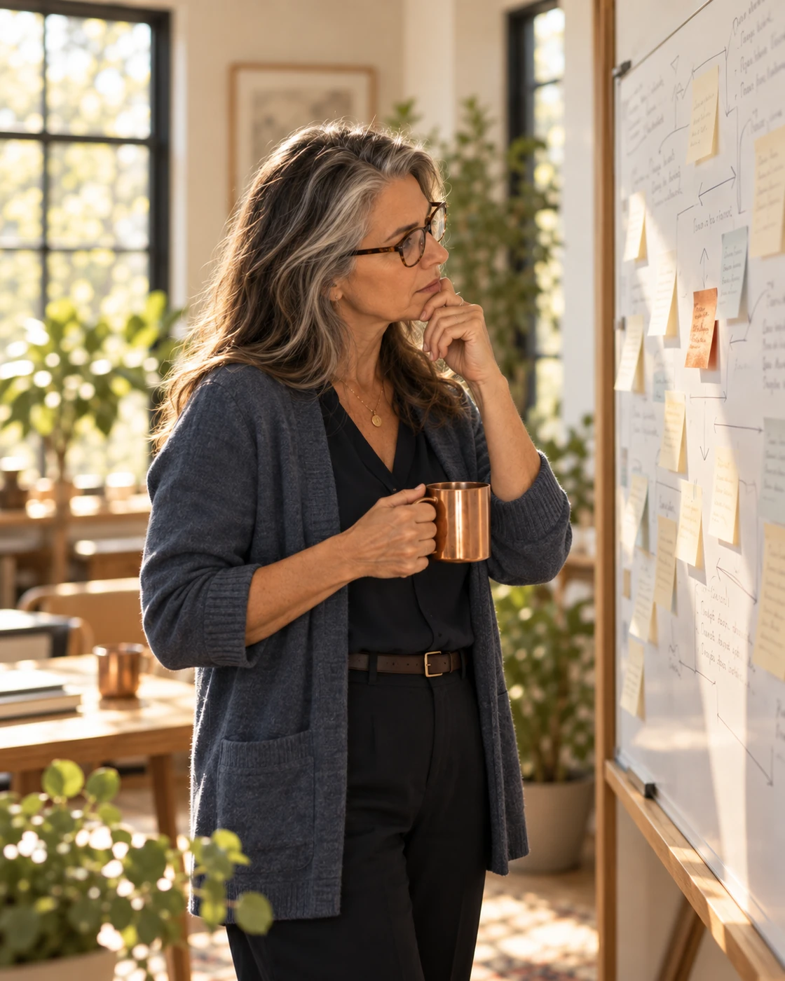 A business owner studies a whiteboard of unfinished project notes while holding a coffee mug.