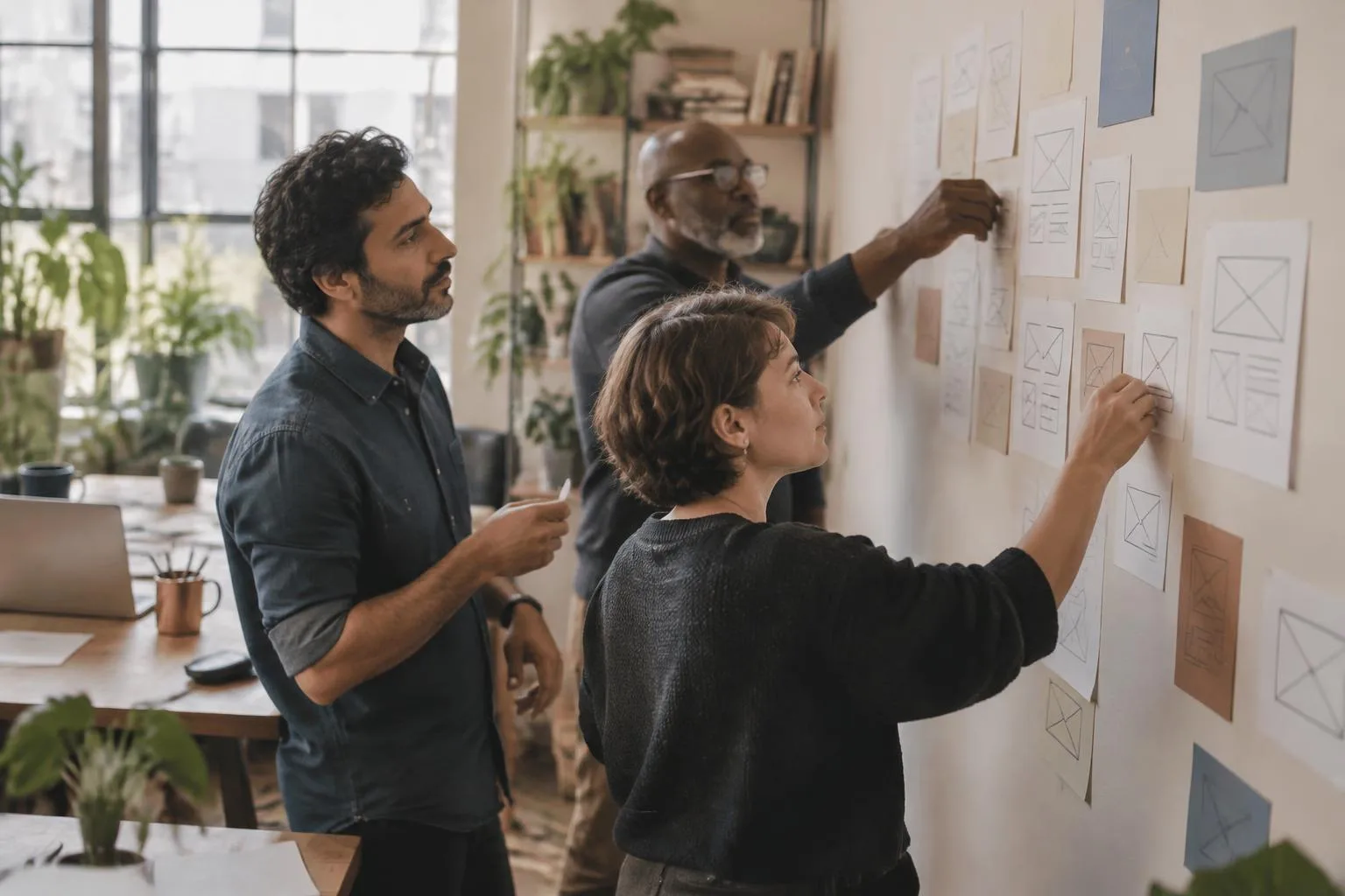 A marketing team mapping out a clinic website with cards and sketches on a wall.