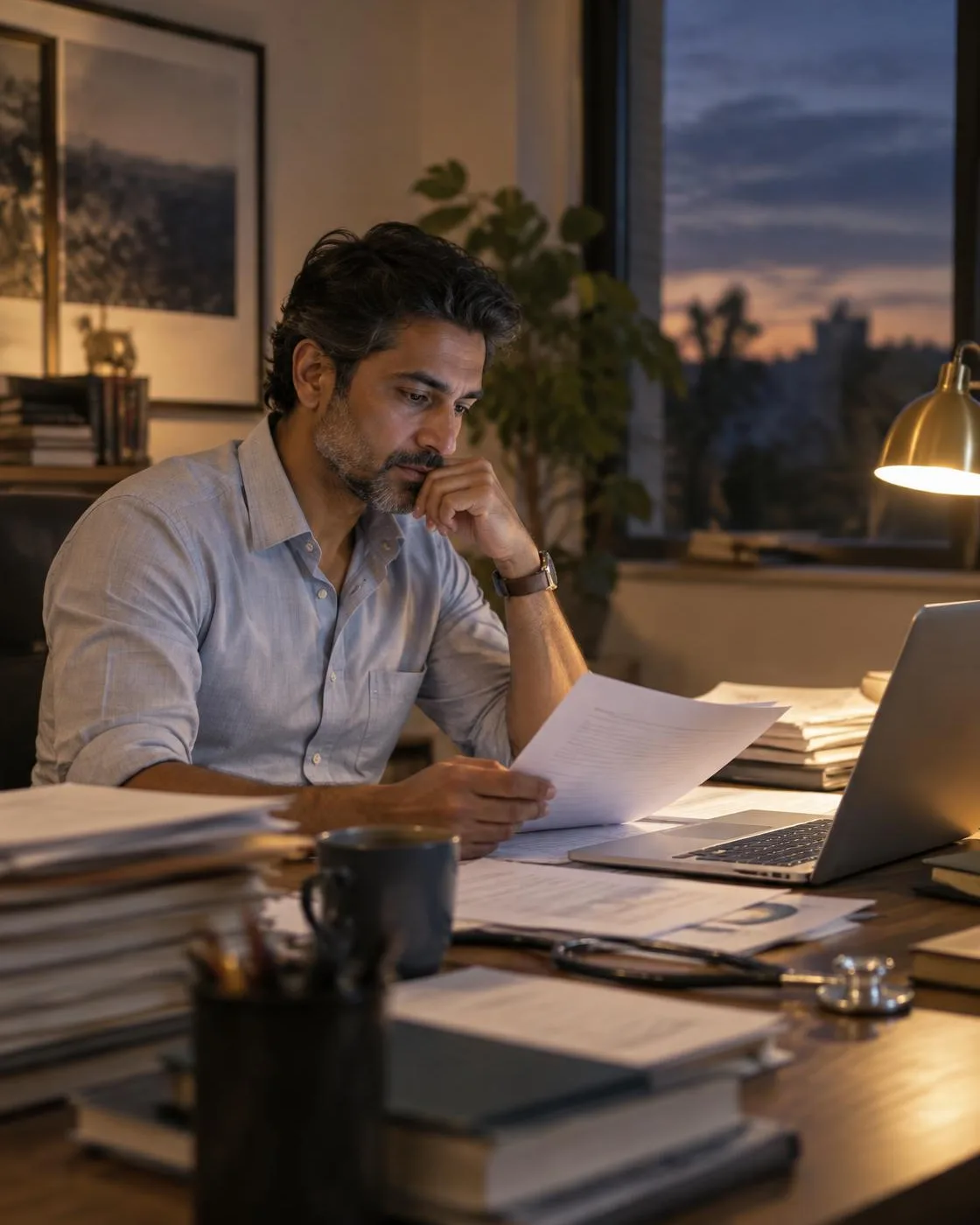 A physician working late at his desk among patient folders and lab reports.
