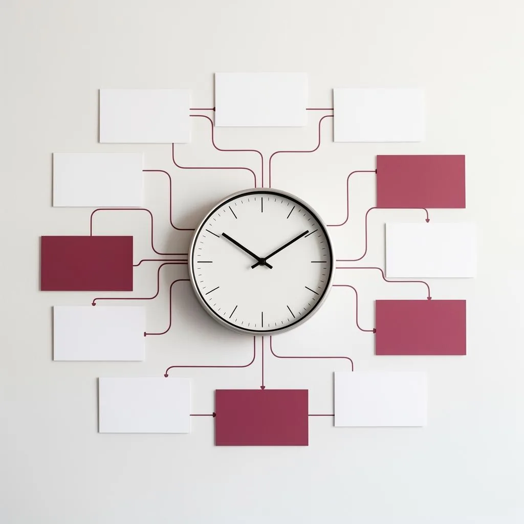 Wall clock at the center of an automated workflow diagram, representing systems that give a team's time back
