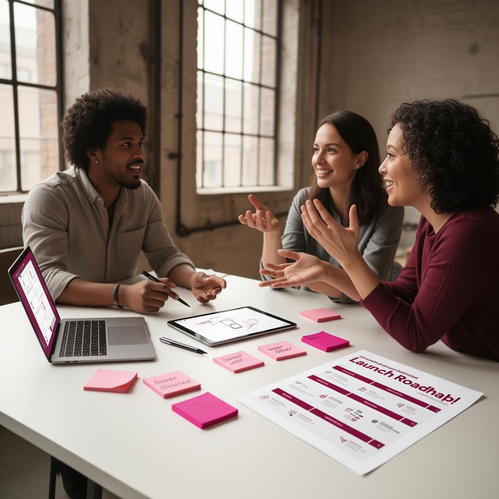 A small founding team collaborating around a table to design and launch a new offer, with sticky notes, a tablet, and a launch roadmap